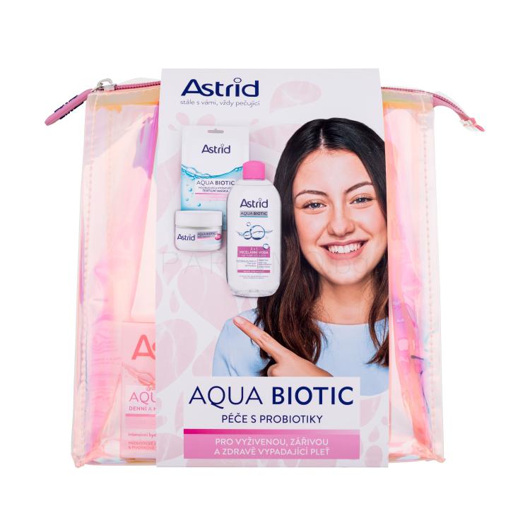 Astrid Aqua Biotic Подаръчен комплект дневен и нощен крем за лице Aqua Biotic Day And Night Cream 50 ml + мицеларна вода Aqua Biotic 3in1 Micellar Water 400 ml + текстилна маска за лице Aqua Biotic Anti-Fatigue and Quenching Tissue Mask 1 бр + козметична чантичка