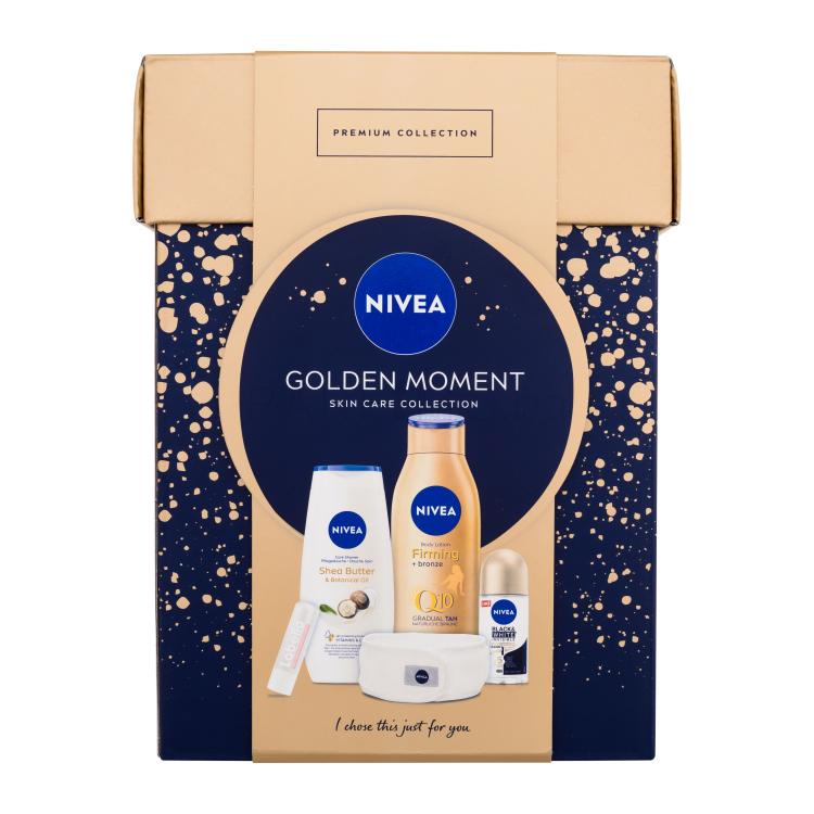 Nivea Golden Moment Подаръчен комплект лосион за тяло Q10 Firming Bronze 400 ml + душ гел Shea Butter &amp; Botanical Oil 250 ml + антиперспирант ролон Black &amp; White Invisible Silky Smooth 50 ml + балсам за устни Labello Hyaluron Rosé 4,8 g + лента за глава