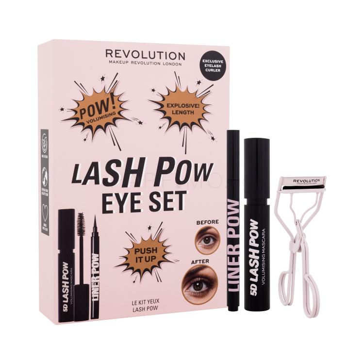 Makeup Revolution London Lash Pow Eye Set Подаръчен комплект спирала за мигли 5D Lash Pow 12,2 ml + очна линия Pow 0,5 ml Black + извивачка за мигли увредена кутия