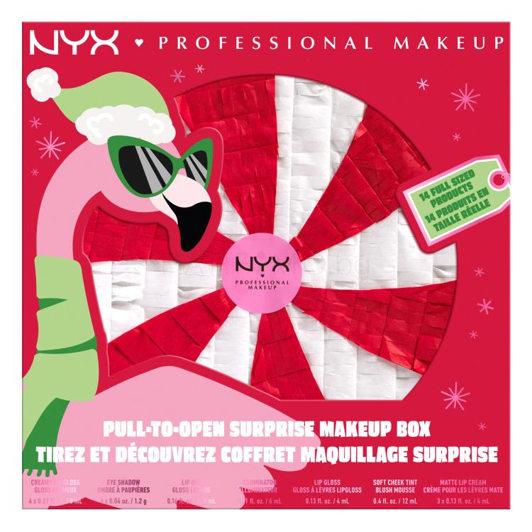 NYX Professional Makeup Fa La La L.A. Land Pull-To-Open Surprise Makeup Box Подаръчен комплект гланц за устни 5 бр + червило 3 бр + руж 1 бр + масло за устни 1 бр + хайлайтър 1 бр + палитра сенки за очи + гъба за грим 1 бр + пила за нокти 1 бр