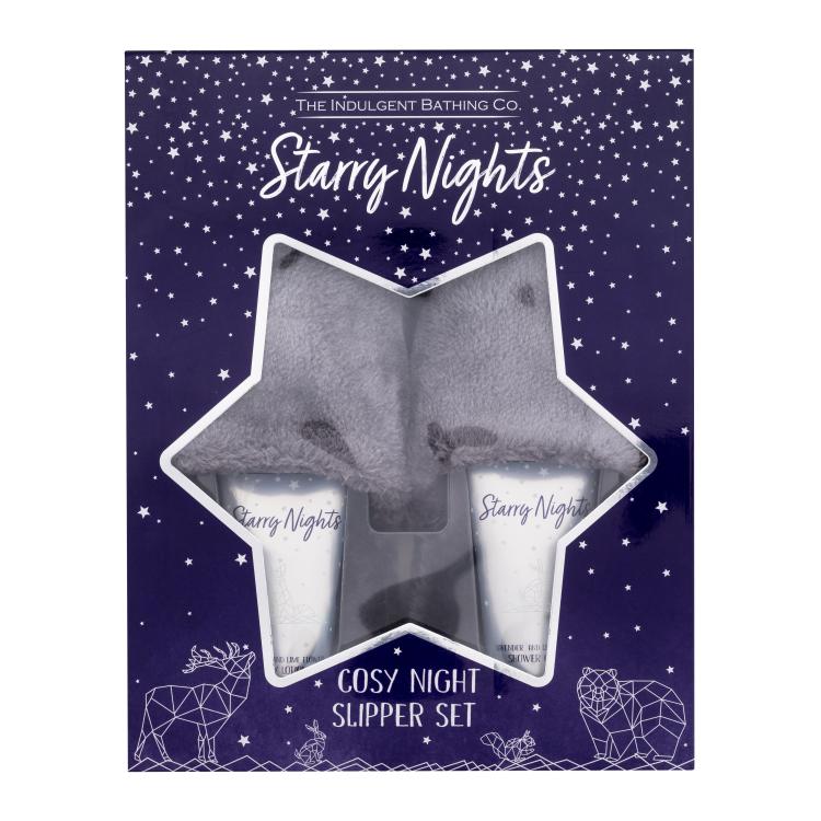 The Indulgent Bathing Co. Starry Nights Cosy Night Slipper Set Подаръчен комплект лосион за тяло Lavender And Lime Flower Body Lotion 100 ml + душ крем Lavender And Lime Flower Shower Cream 100 ml + плюшени чехли Luxury Fluffy Slippers M/L 1 чифт