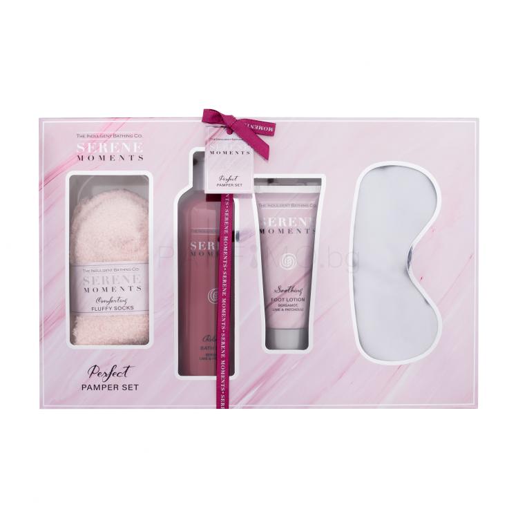 The Indulgent Bathing Co. Serene Moments Perfect Pamper Set Подаръчен комплект пяна за вана Relaxing Bath Foam Bergamot, Lime &amp; Patchouli 300 ml + крем за крака Soothing Foot Lotion Bergamot, Lime &amp; Patchouli 100 ml + маска за спане Satin Sleep Mask 1 бр + чорапи Luxury Socks 1 чифт