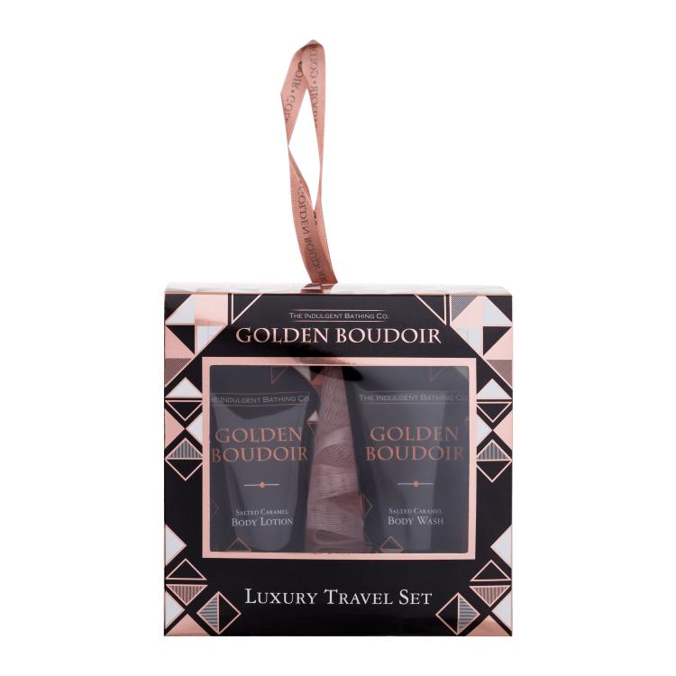 The Indulgent Bathing Co. Golden Boudoir Luxury Travel Set Подаръчен комплект лосион за тяло Salted Caramel Body Lotion 50 ml + душ гел Salted Caramel Body Wash 50 ml + гъба за баня Luxury Shower Puff 1 бр