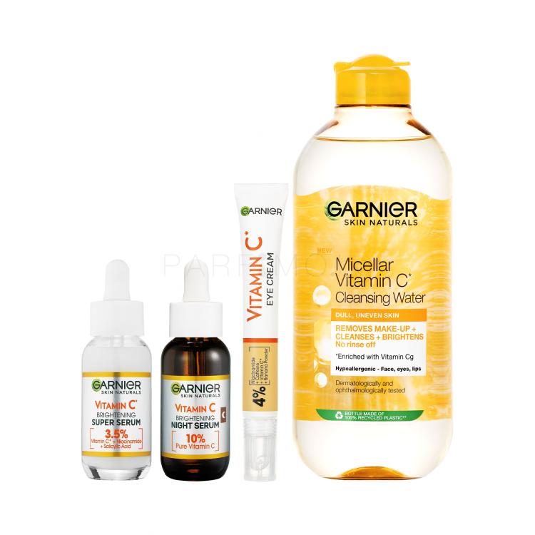 Пакет с отстъпка Мицеларна вода Garnier Skin Naturals Vitamin C Micellar Cleansing Water + Серум за лице Garnier Skin Naturals Vitamin C Brightening Super Serum + Околоочен крем Garnier Skin Naturals Vitamin C Eye Cream + Серум за лице Garnier Skin Naturals Vitamin C Brightening Night Serum