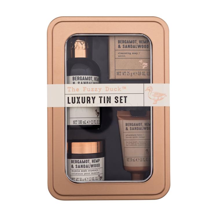 Baylis &amp; Harding The Fuzzy Duck™ Bergamot, Hemp &amp; Sandalwood Luxury Tin Set Подаръчен комплект душ гел за коса и тяло Bergamot, Hemp &amp; Sandalwood 100 ml + кристали за вана за мускулна релаксация Bergamot, Hemp &amp; Sandalwood 50 ml + балсам след бръснене Bergamot, Hemp &amp; Sandalwood 30 ml + твърд сапун 