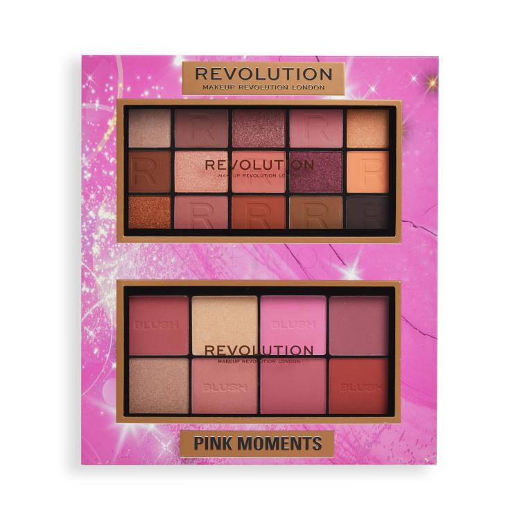 Makeup Revolution London Pink Moments Face &amp; Eye Gift Set Подаръчен комплект палитра с ружове и хайлайтъри Blush Palette 16 g Lover + палитра сенки за очи Reloaded Eyeshadows Palette 16,5 g Romance