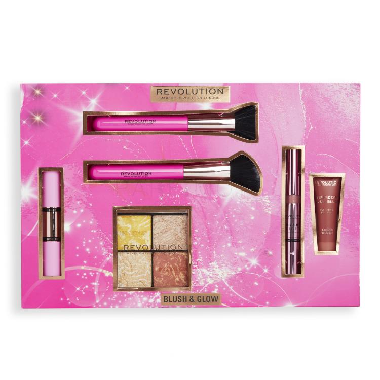 Makeup Revolution London Blush &amp; Glow Gift Set Подаръчен комплект озаряваща палитра Highlighter Quad 9,6 g Make It Count + хайлайтър Bright Light Highlighter 3 ml Divine Dark Pink + козметична четка 2 бр + руж Superdewy Liquid Blush 15 ml Flushing For You + руж и хайлайтър Fast Base Blush &amp; Highligh