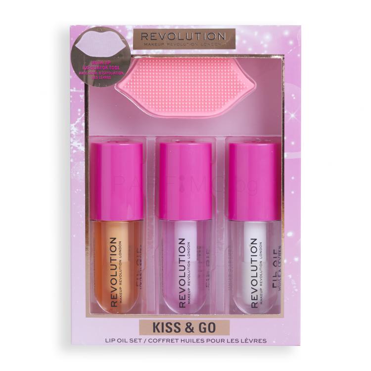 Makeup Revolution London Kiss &amp; Go Lip Oil Set Подаръчен комплект масло за устни Lip Oil Honey 4,5 ml+ масло за устни Lip Oil Peach Pink 4,5 ml+ масло за устни Lip Oil Watermelon 4,5 ml + четка за пилинг на устни 1 бр