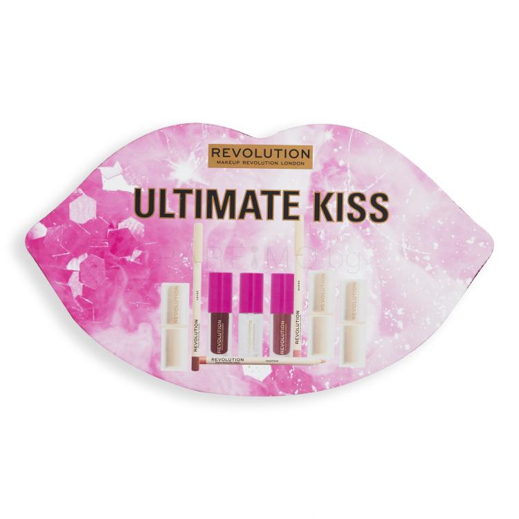 Makeup Revolution London Ultimate Kiss Gift Set Подаръчен комплект червило Lip Allure 3,2 g Chauffeur + червило Lip Allure 3,2 g Lover + червило Lip Allure 3,2 g Queen + молив за устни Satin Kiss 1 g Chauffeur + молив за устни Satin Kiss 1 g Lover + молив за устни Satin Kiss 1 g Queen + гланц Pout B