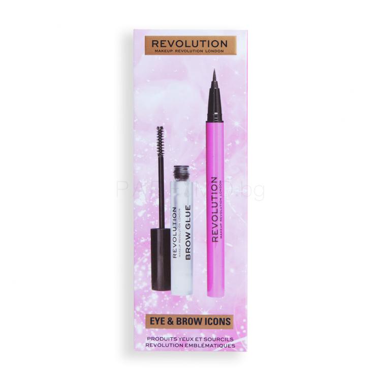 Makeup Revolution London Eye &amp; Brow Icons Gift Set Подаръчен комплект гел за вежди Brow Glue 3 ml+ очна линия Liquid Liner 0,5 ml