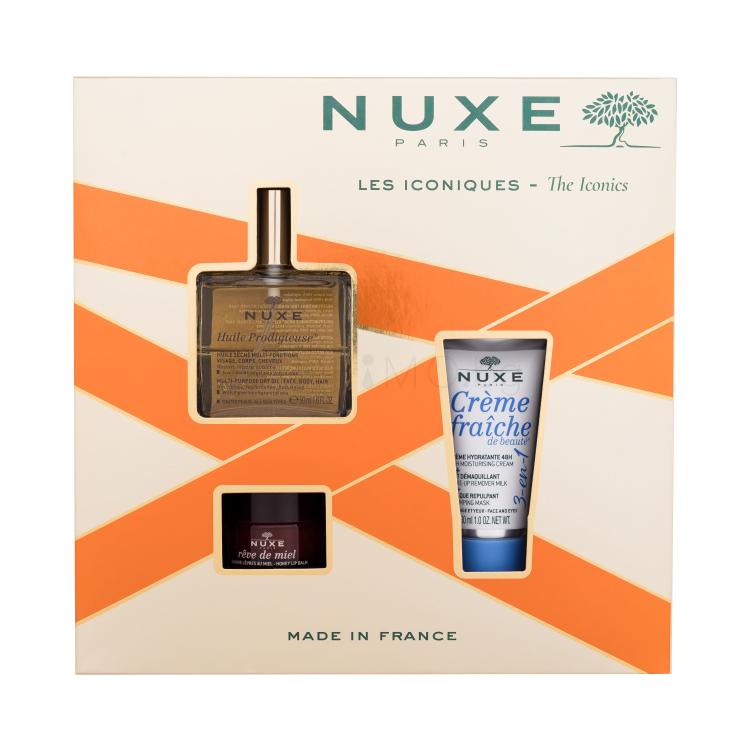 NUXE The Iconics Подаръчен комплект сухо масло Huile Prodigieuse 50 ml + крем за лице Créme Fraiche de Beauté 3-In-1 30 ml + балсам за устни Reve de Miel Honey 15 g