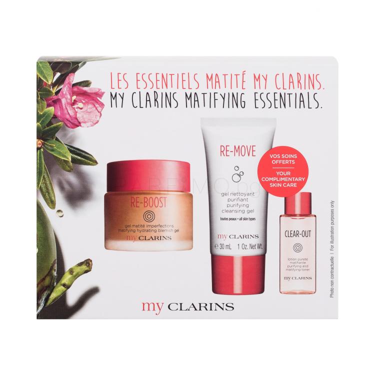 Clarins My Clarins Matifying Essentials Подаръчен комплект гел за лице Re-Boost Matifying Hydrating Blemish Gel 50 ml + почистващ гел My Clarins Re-Move Purifying Cleansing Gel 30 ml + тоник за лице Clear-Out Purifying and Matifying Toner 10 ml