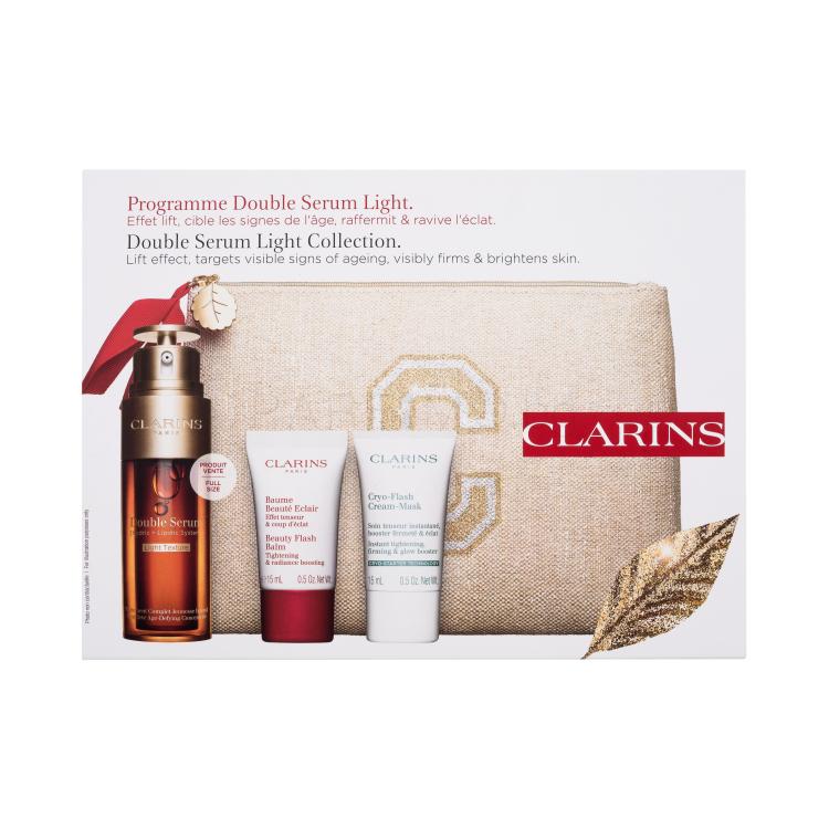 Clarins Double Serum Light Collection Подаръчен комплект серум за лице Double Serum Light Texture 50 ml + балсам за лице Beauty Flash Balm 15 ml + кремообразна маска за лице Cryo-Flash Cream-Mask 15 ml + екологична козметична чантичка