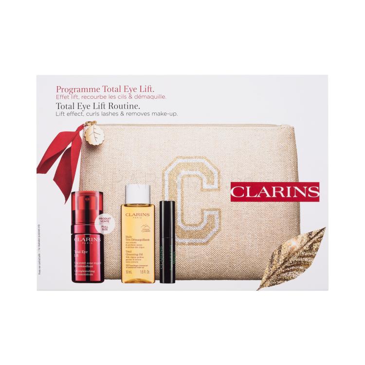 Clarins Total Eye Lift Routine Подаръчен комплект околоочен крем Total Eye Lift 15 ml + почистващо масло Total Cleansing Oil 50 ml + спирала Supra Lift &amp; Curl Mascara 3 ml 01 Intense Black + екологична козметична чантичка