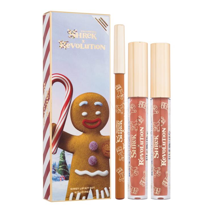 Makeup Revolution London Shrek Gingy Lip Kit Set Подаръчен комплект гланц за устни Gingy Lipgloss 3 ml + очна линия Gingy Lip Liner 1 g + червило Gingy Matte Liquid Lipstick 3 ml увредена кутия