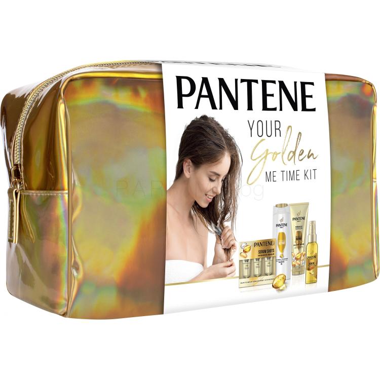 Pantene PRO-V Your Golden Me Time Kit Подаръчен комплект шампоан Intensive Repair 250 ml + балсам Intensive Repair 200 ml + масло за коса Keratin Protect Oil 100 ml + интензивна грижа за коса Serum Shots Intensive Repair 3x15 ml + козметична чантичка