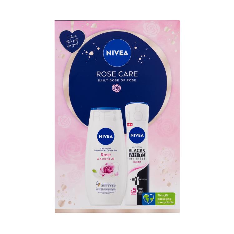 Nivea Rose Care Подаръчен комплект душ гел Rose &amp; Almond Oil 250 ml + антиперспирант Black &amp; White Invisible Clear 150 ml увредена кутия