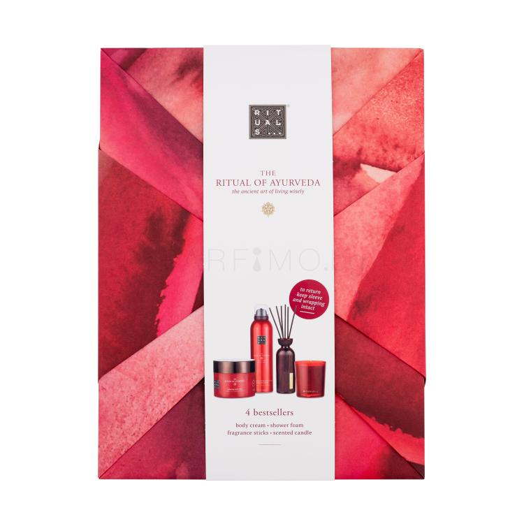 Rituals The Ritual Of Ayurveda 4 Bestsellers Подаръчен комплект душ пяна The Ritual Of Ayurveda Harmonizing Foaming Shower Gel 200 ml + крем за тяло The Ritual Of Ayurveda Balancing Body Cream 200 ml + ароматна свещ The Ritual Of Ayurveda 140 g + ароматни пръчици The Ritual Of Ayurveda 70 ml