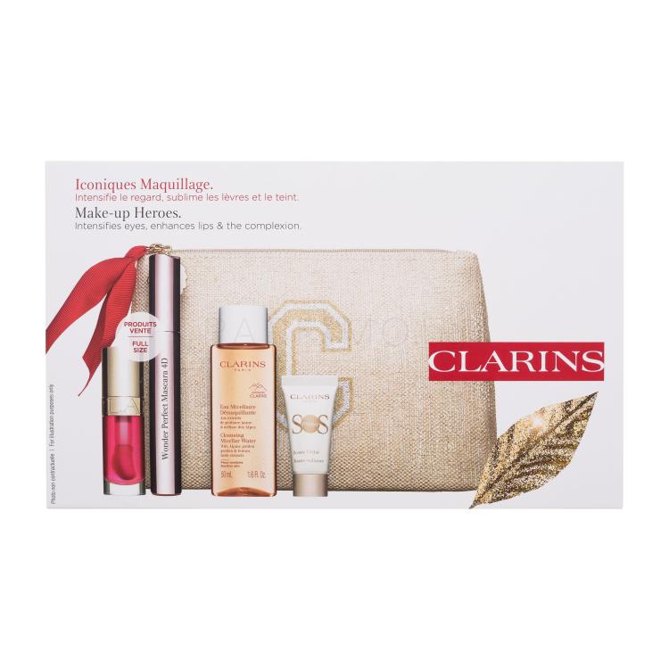 Clarins Make-up Heroes Подаръчен комплект спирала Wonder Perfect Mascara 4D 8 ml 01 Perfect Black + масло за устни Lip Comfort Oil 7 ml 04 Pitaya + мицеларна вода Cleansing Micellar Water 50 ml + основа за грим SOS Primer 5 ml + козметична чантичка