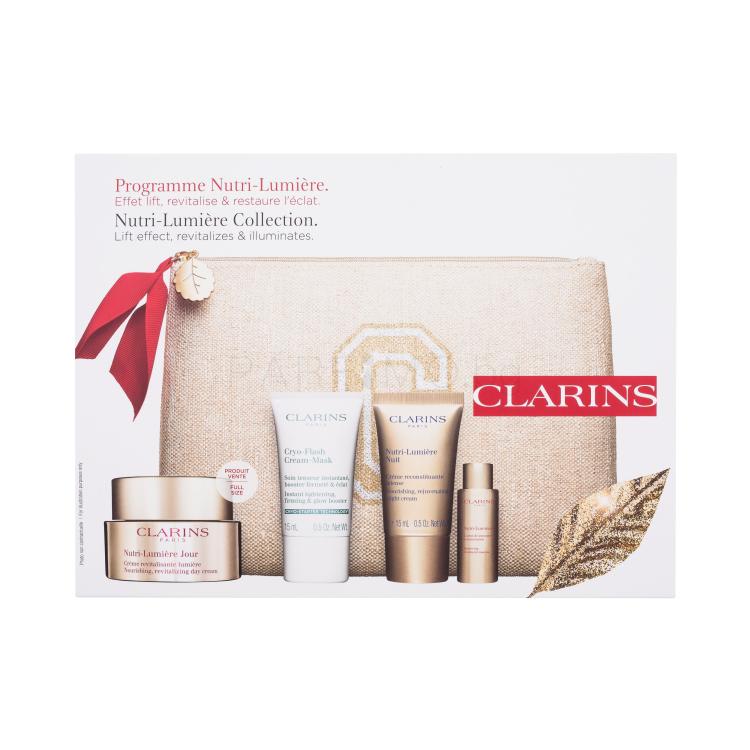 Clarins Nutri-Lumière Collection Подаръчен комплект дневен крем за лице Nutri-Lumiére Jour 50 ml + маска за лице Cryo-Flash Cream-Mask 15 ml + нощен крем за лице Nutri-Lumiére Nuit 15 ml + есенция за лице Nutri-Lumiére Renewing Treatment Essence 10 ml + екологична козметична чантичка