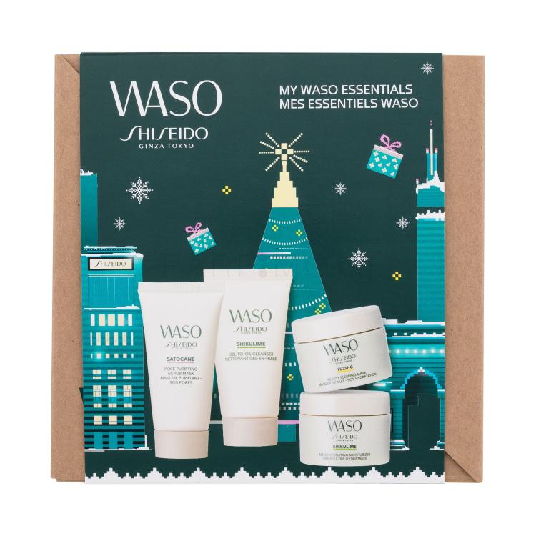 Shiseido Waso My Waso Essentials Подаръчен комплект почистващ гел Shikulime Gel-To-Oil Cleanser 30 ml + хидратиращ крем Shikulime Mega Hydrating Moisturizer 15 ml + пилинг маска Satocane Pore Purifyting Scrub Mask 30 ml + нощна маска за лице Yuzu-C Beauty Sleeping Mask 15 ml