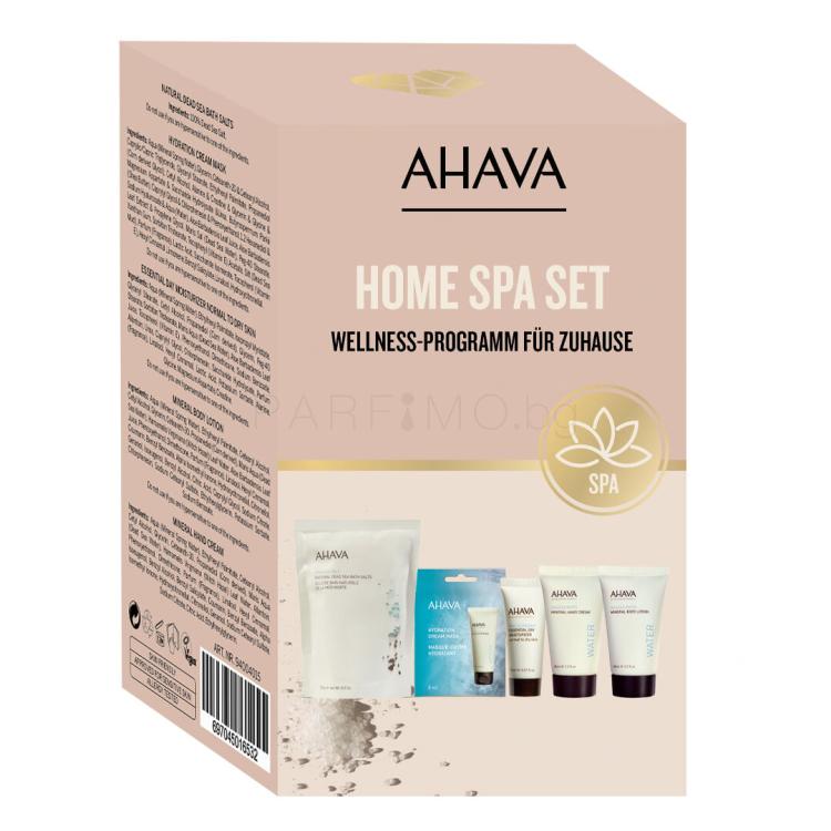 AHAVA Home Spa Подаръчен комплект соли за вана Natural Dead Sea Bath Salts 250 g + хидратираща маска за лице Hydration Cream Mask 8 ml + дневен крем за лице Essential Day Moisturizer Normal To Dry Skin 15 ml + лосион за тяло Mineral Body Lotion 40 ml + крем за ръце Mineral Hand Cream 40 ml