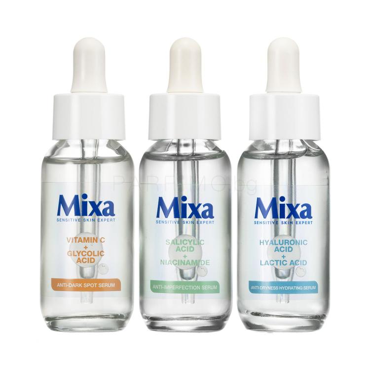 Пакет с отстъпка Серум за лице Mixa Salicylic Acid + Niacinamide Anti-Imperfection Serum + Серум за лице Mixa Hyaluronic Acid + Lactic Acid Anti-Dryness Hydrating Serum + Серум за лице Mixa Vitamin C + Glycolic Acid Anti-Dark Spot Serum