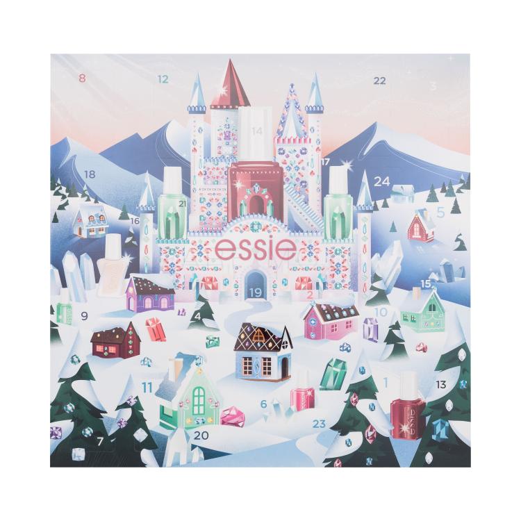 Essie Nail Lacquer Wonderland Advent Calendar Подаръчен комплект лак за нокти 7 x 13,5 ml + лак за нокти 1 x 10 ml + лак за нокти 10 x 5 ml + топ лак за нокти 1 x 13,5 ml + топ лак за нокти 2 x 5 ml + грижа за ноктите 1 x 5 ml + масло за нокти 1 x 5 ml + лакочистител 25 ml увредена кутия