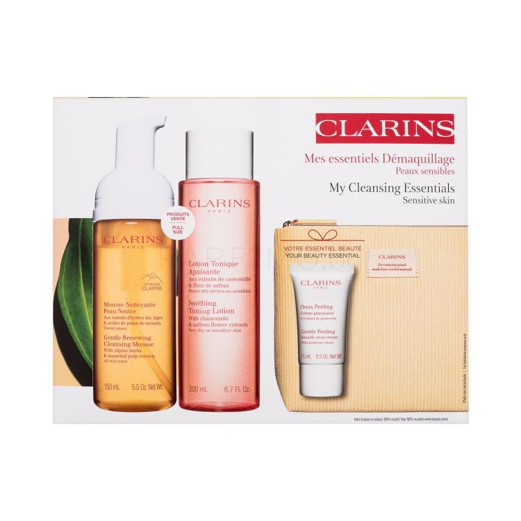 Clarins My Cleansing Essentials Sensitive Skin Подаръчен комплект почистваща пяна за лице Gentle Renewing Cleansing Mousse 150 ml + тоник за лице Soothing Toning Lotion 200 ml + пилинг за лице Gentle Peeling 15 ml + еко козметична чантичка