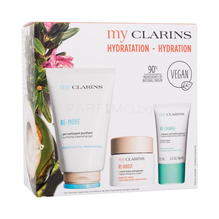 Clarins My Clarins Hydration Подаръчен комплект почистващ гел за лице Re-Move Purifing Cleansing Gel 125 ml + крем за лице Re-Boost Hydra-Energizing Cream 50 ml + нощна маска за лице Re-Charge Hydra-Replumping Night Mask