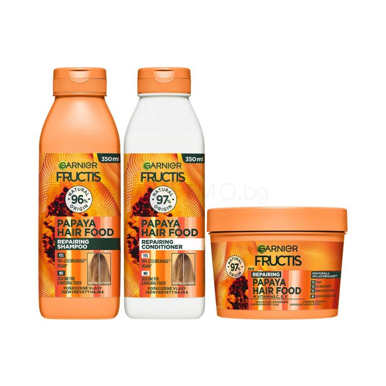 Пакет с отстъпка Шампоан Garnier Fructis Hair Food Papaya Repairing Shampoo + Балсам за коса Garnier Fructis Hair Food Papaya Repairing Conditioner + Маска за коса Garnier Fructis Hair Food Papaya Repairing Mask