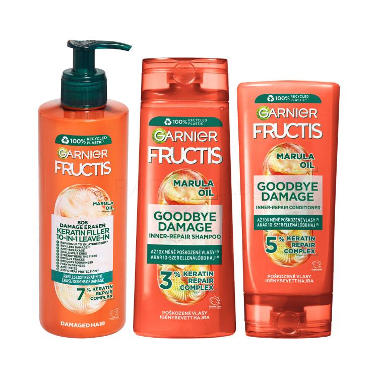 Пакет с отстъпка Шампоан Garnier Fructis Goodbye Damage Repairing Shampoo + Балсам за коса Garnier Fructis Goodbye Damage Repairing Conditioner + Серум за коса Garnier Fructis SOS Damage Eraser Keratin Filler 10-In-1 Leave-In