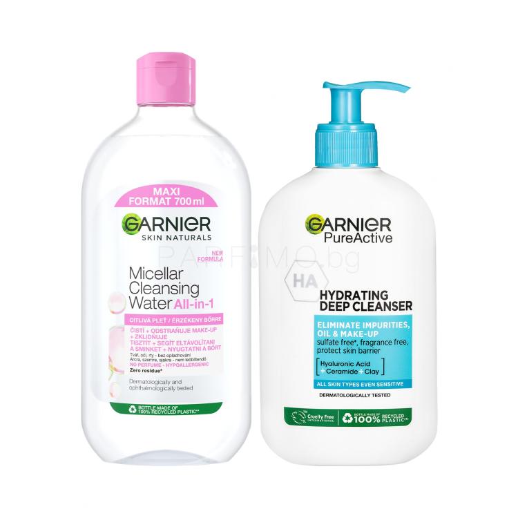 Пакет с отстъпка Мицеларна вода Garnier Skin Naturals Micellar Cleansing Water All-in-1 + Почистващ гел Garnier Pure Active Hydrating Deep Cleanser