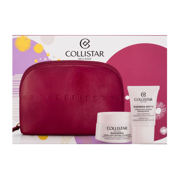 Collistar Rigenera Smoothing Anti-Wrinkle Contour Подаръчен комплект дневен крем за лице Rigenera Smoothing Anti-Wrinkle Cream 50 ml + нощен крем за лице Rigenera Notte Anti-Wrinkle Repairing Night Cream 15 ml + козметична чантичка The Bridge