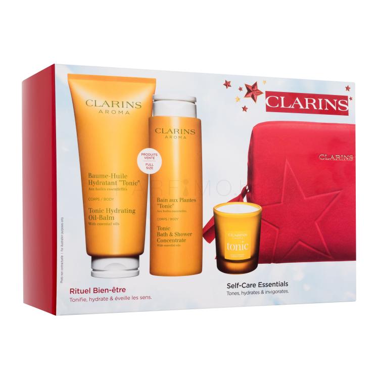 Clarins Aroma Self-Care Essentials Подаръчен комплект балсам за тяло Tonic Hydrating Oil-Balm 200 ml + душ гел Tonic Bath &amp; Shower Concentrate 200 ml + ароматна свещ 35 g + козметична чантичка