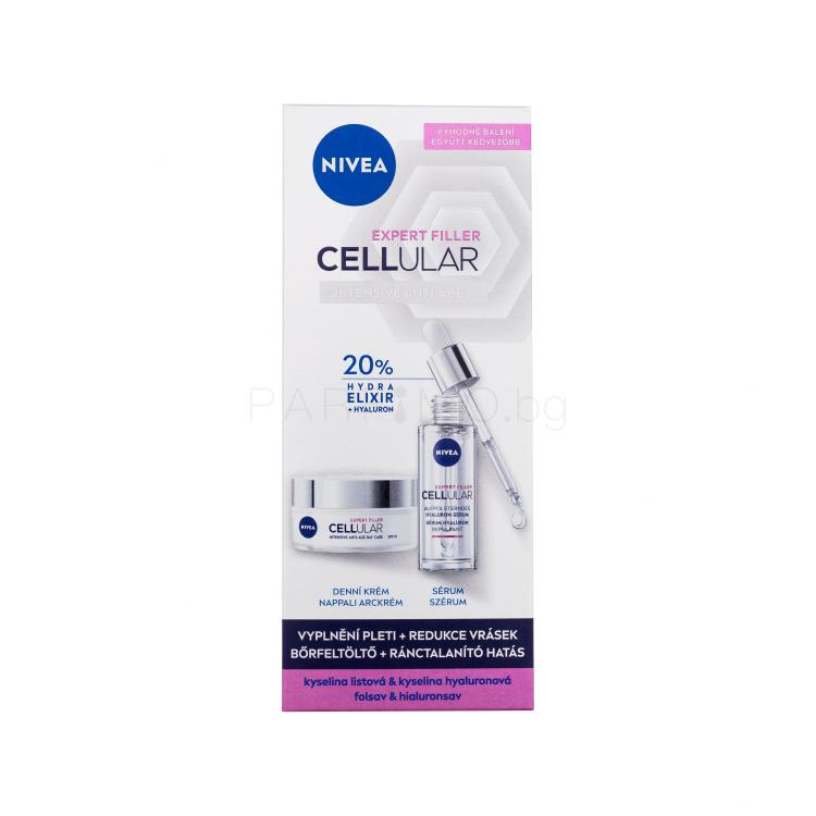 Nivea Cellular Expert Filler Intensive Anti-Age Подаръчен комплект серум за лице Cellular Expert Filler Replumping Hyaluron Serum 30 ml + дневен крем за лице Cellular Expert Filler Intensive Anti-Age Day Care SPF15 50 ml