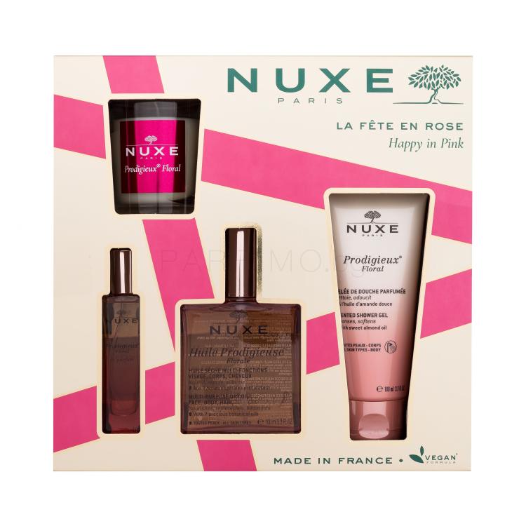 NUXE Happy In Pink Подаръчен комплект сухо масло Huile Prodigieuse Florale 100 ml + душ гел Prodigieux Floral 100 ml + EDP Prodigieux Floral Le Parfum 15 ml + ароматна свещ Prodigieux Floral 70 g увредена кутия