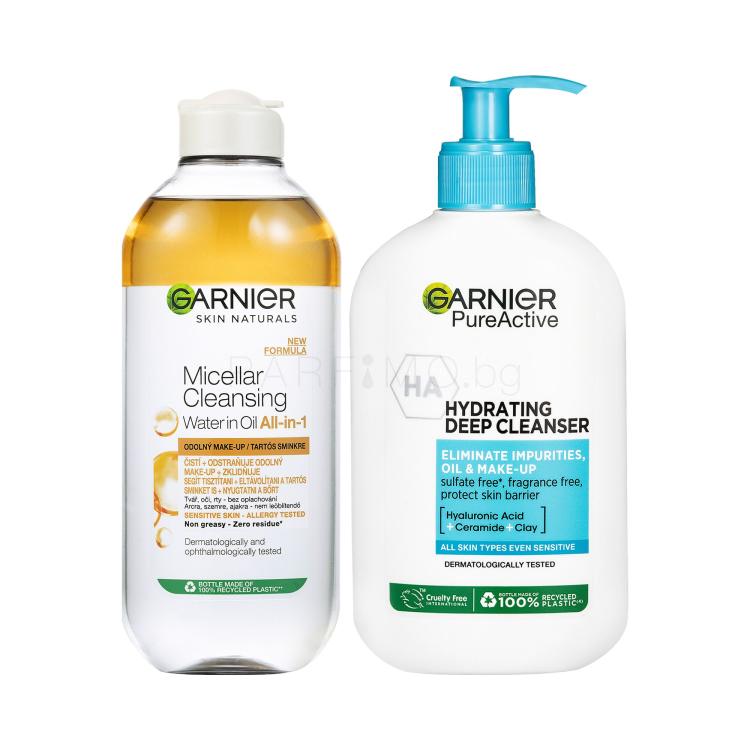 Пакет с отстъпка Мицеларна вода Garnier Skin Naturals Two-Phase Micellar Water All In One + Почистващ гел Garnier Pure Active Hydrating Deep Cleanser