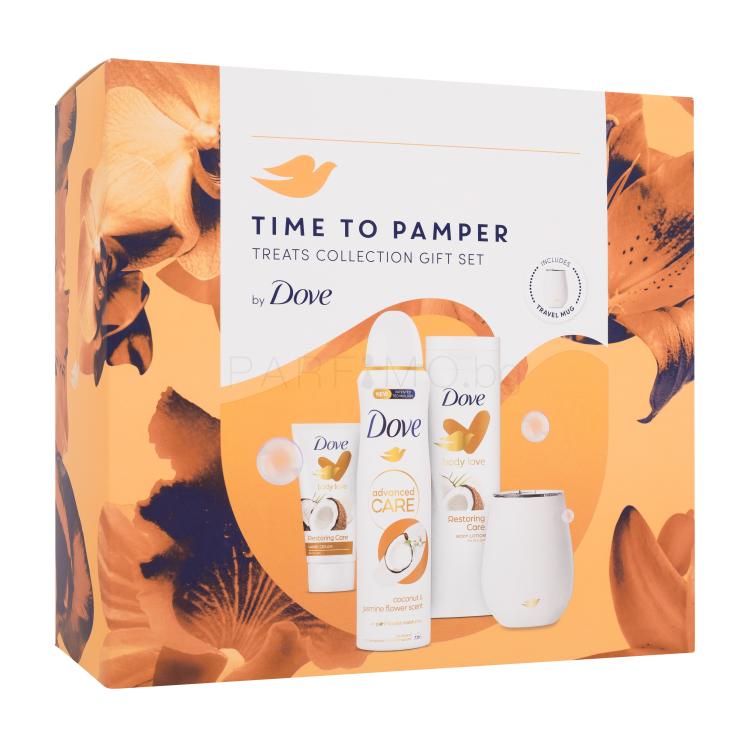 Dove Time To Pamper Treats Collection Gift Set Подаръчен комплект лосион за тяло Body Love Restoring Care 250 ml + крем за ръце Body Love Restoring Care 75 ml + антиперспирант Advanced Care Coconut &amp; Jasmine Flower Scent 150 ml + чаша за пътуване