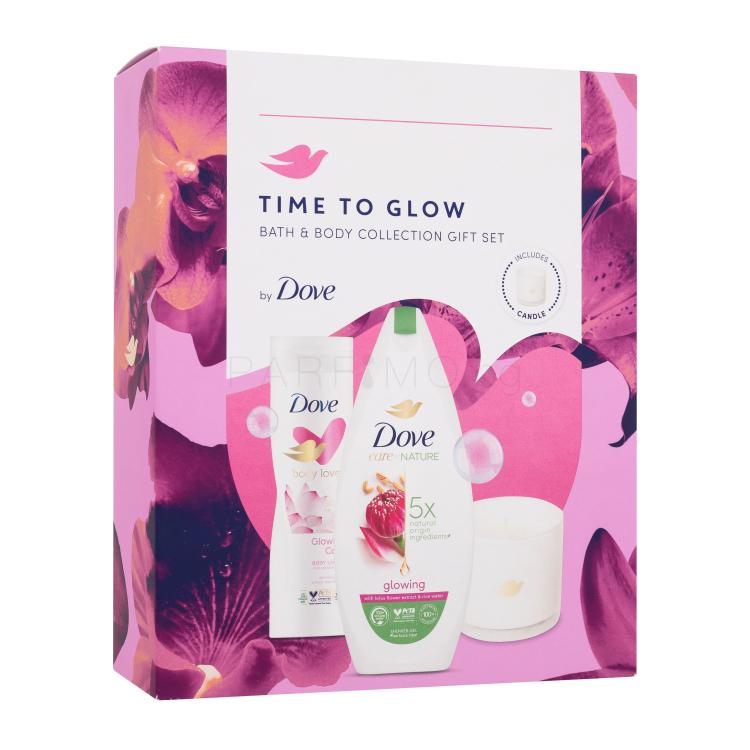 Dove Time To Glow Bath &amp; Body Collection Подаръчен комплект душ гел Care By Nature Glowing 225 ml + мляко за тяло Body Love Glowing Care 250 ml + ароматна свещ 1 бр