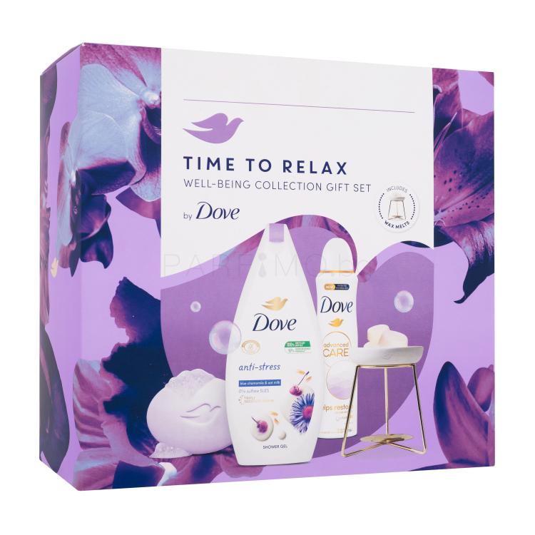 Dove Time To Relax Well-Being Collection Подаръчен комплект душ гел Anti-stress 250 ml + твърд сапун Relaxing Bar Soap 90 g + антиперспирант Advanced Care Helps Restore 150 ml + арома лампа