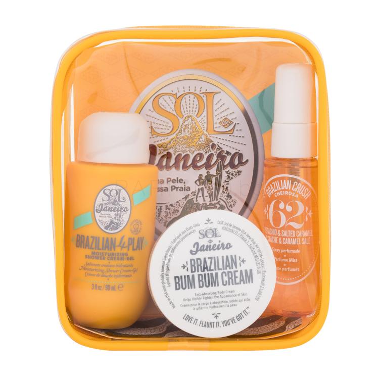 Sol De Janeiro Brazilian Bum Bum Summer Jet Set Подаръчен комплект мъгла за тяло Brazilian Crush 30 ml + душ крем Brazilian 4Play Moisturizing Shower Cream-Gel 90 ml + крем за тяло Brazilian Bum Bum Cream 50 ml + козметична чанта