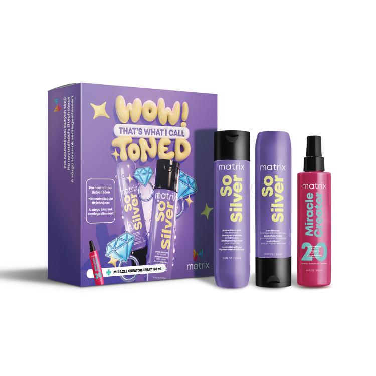 Matrix So Silver Подаръчен комплект шампоан So Silver Purple Shampoo 300 ml + балсам So Silver Conditioner 300 ml + спрей за грижа за косата Miracle Creator Multi-Tasking Treatment 190 ml