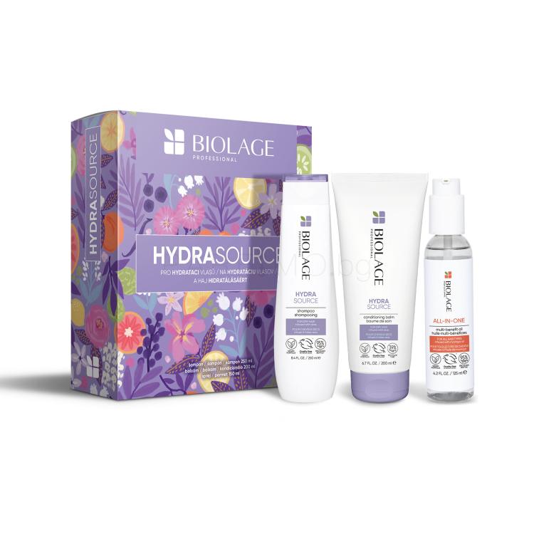 Biolage Hydra Source Подаръчен комплект Шампоан Hydra Source 250 ml + балсам Hydra Source 200 ml + многофункционално масло All-In-One Multi-Benefit Oil 125 ml