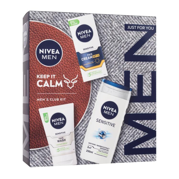 Nivea Men Sensitive Keep It Calm Подаръчен комплект дневен крем за лице Men Sensitive Face Cream SPF15 75 ml + почистващ гел за лице Men Sensitive Face Wash 100 ml + душ гел Men Sensitive Soothing Bamboo Extract Shower Gel 250 ml