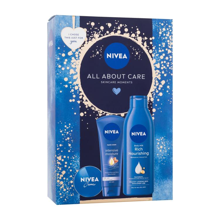 Nivea All About Care Подаръчен комплект универсален крем Creme 30 ml + крем за ръце Intensive Moisture 100 ml + лосион за тяло Rich Nourishing 250 ml