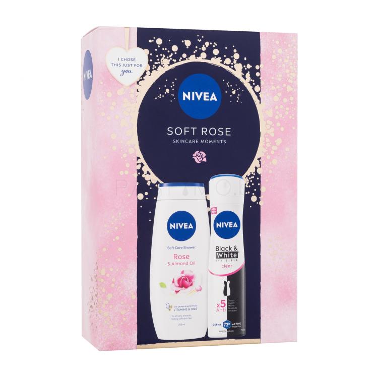 Nivea Soft Rose Подаръчен комплект антиперспирант Invisible Black &amp; White Clear 150 ml + душ гел Rose &amp; Almond Oil 250 ml