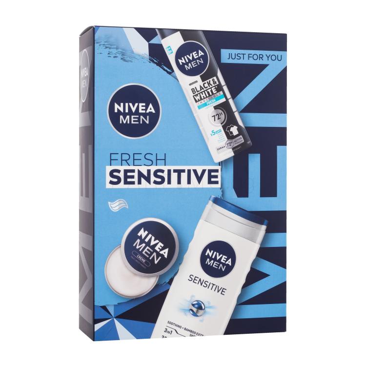 Nivea Men Fresh Sensitive Подаръчен комплект крем за лице, тяло и ръце Men Creme 30 ml + антиперспирант Men Invisible Black &amp; White Fresh 150 ml + душ гел Men Sensitive 250 ml