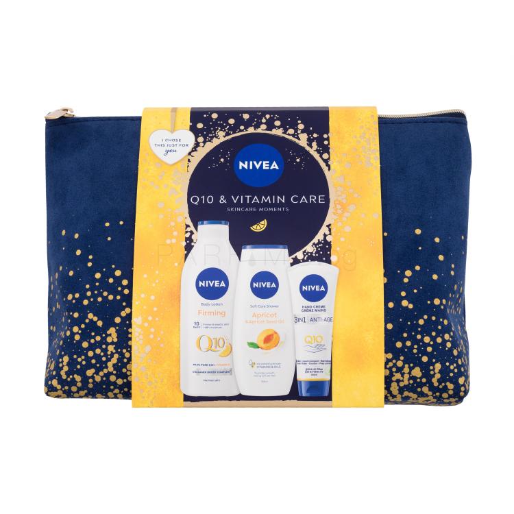 Nivea Q10 &amp; Vitamin Care Подаръчен комплект лосион за тяло Q10 Vitamin C Firming 400 ml + душ гел Apricot &amp; Apricot Seed Oil 250 ml + крем за ръце Q10 Anti-Age 100 ml + козметична чанта