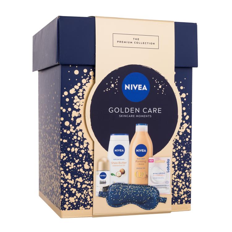 Nivea Golden Care Skincare Moments Подаръчен комплект лосион за тяло Q10 Firming Bronze 400 ml + душ гел Shea Butter &amp; Botanical Oil 250 ml + антиперспирант Black &amp; White Invisible Silky Smooth 50 ml + балсам за устни Labello Hyaluron Rosé 5,2 g + сатенена маска за сън